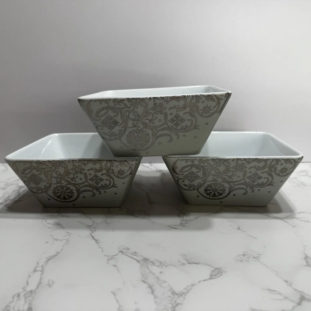 New Set Of 3 Noble Excellence Silver Snowflake Square Soup Cereal Bowl